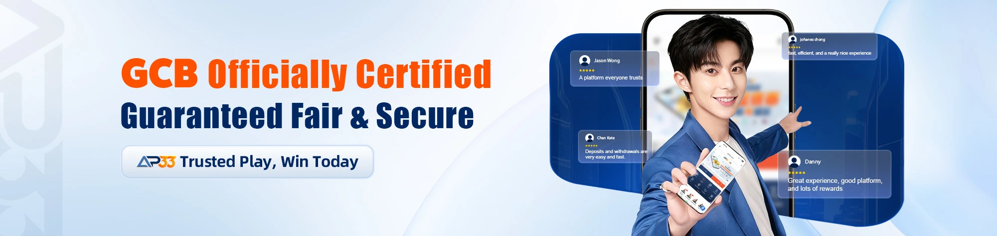 AP33 promotional banner displaying “GCB Officially Certified” and “Guaranteed Fair & Secure,” with a smiling man presenting a smartphone surrounded by customer review graphics.