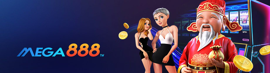 Mega888 promotional banner featuring animated casino characters, including two women in stylish dresses and a smiling man in traditional Chinese attire holding a gold ingot, with slot machines and gold coins in the background.