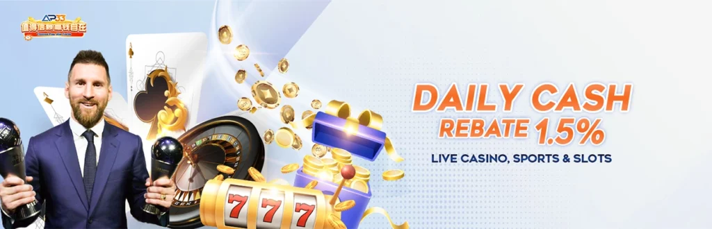AP33 Daily Cash Rebate 1.5% – Live Casino, Sports & Slots Rewards Promotional banner for an online casino platform by AP33 featuring a man in a suit proudly holding two trophies. He stands beside vivid casino-themed graphics including playing cards, a roulette wheel, a slot machine displaying "777," gold coins, and gift boxes. The background is a light blue-to-white gradient with a dotted pattern. Bold text highlights a "DAILY CASH REBATE 1.5%" offer for live casino, sports betting, and slot games, emphasizing excitement, rewards, and user engagement.