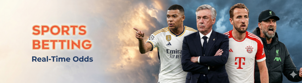 Sports betting banner featuring football stars and coaches, promoting real-time odds with players in team jerseys and a dramatic stadium-style background.